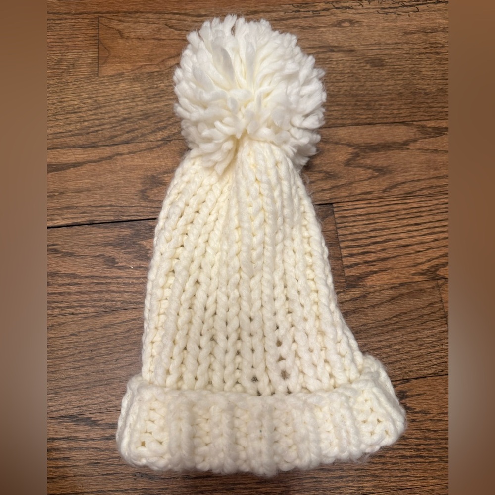 Cream Chunky Knit Pom Pom Beanie One Size Soft Winter Hat